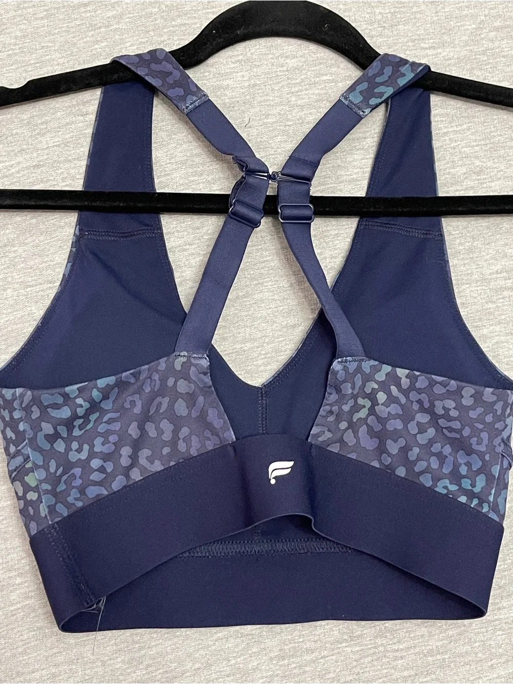Fabletics V-Neck Sports Bra in Navy Blue Leopard Print